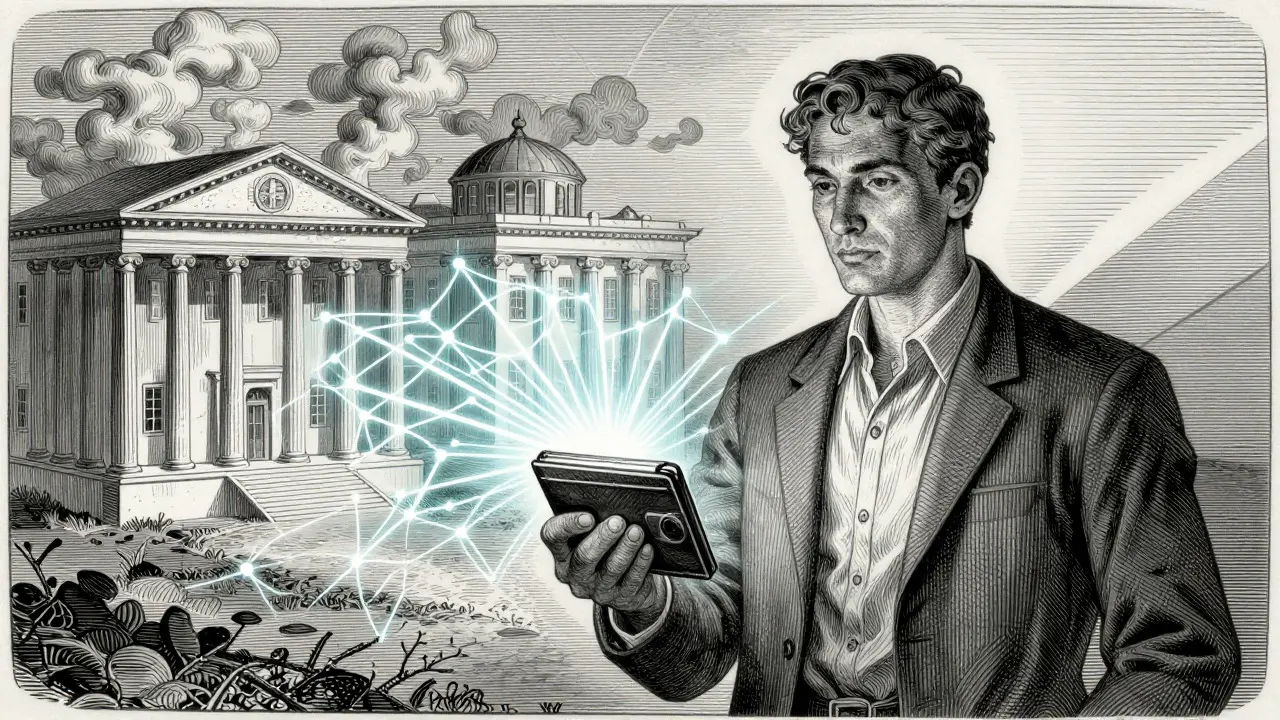 Person holding digital wallet as institutional silos dissolve