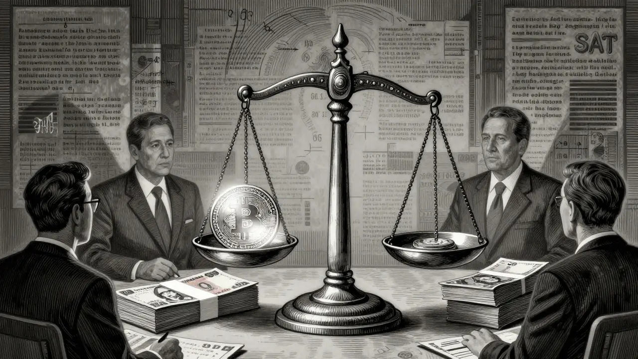 Scales balancing digital coins against Mexican pesos