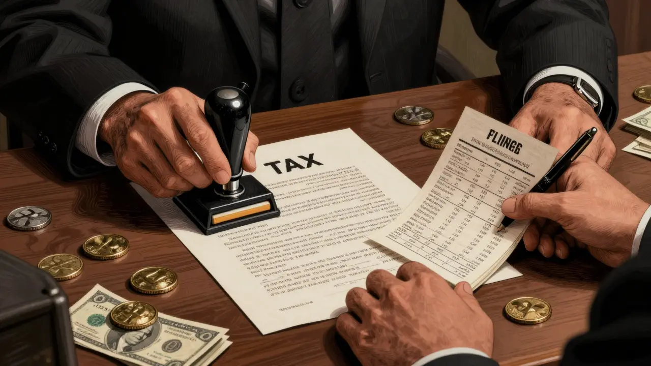 Tax auditor stamping documents with heavy fines