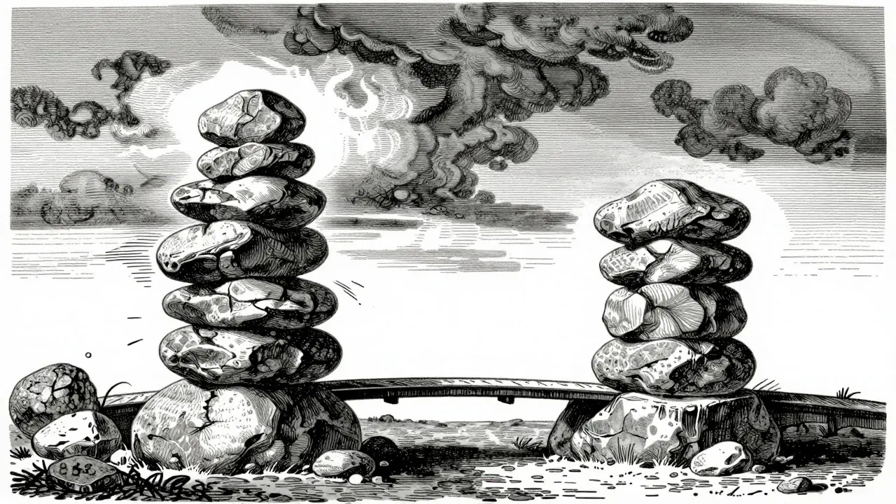 Wobbling stone tower vs stable foundation in etching style