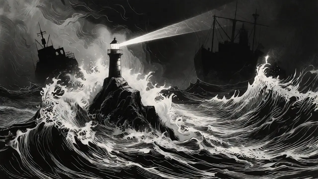 A lone lighthouse in a stormy sea representing the volatile micro-cap crypto market.
