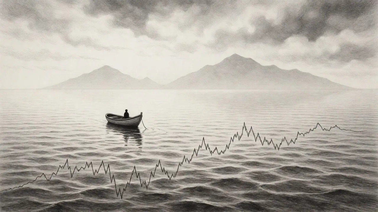 A small boat on a calm sea with a jagged price chart reflected in the water, symbolizing illiquidity.