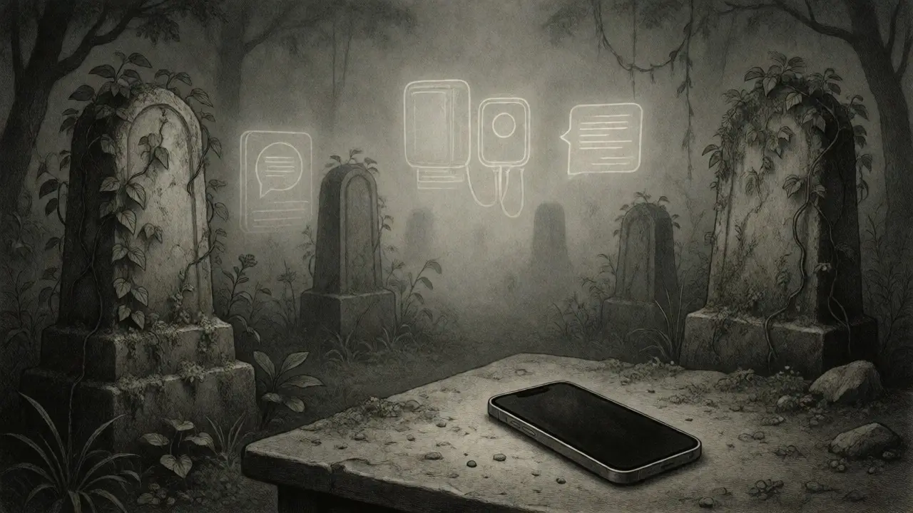 Abandoned digital garden with silent phone