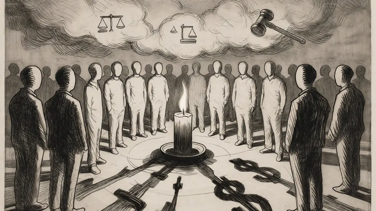 Anonymous crowd gathered around a flickering flame