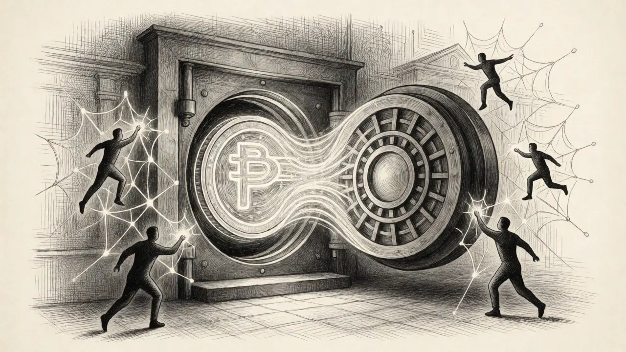 Artistic depiction of Mexico's digital peso and future digital agents emerging from a vault.