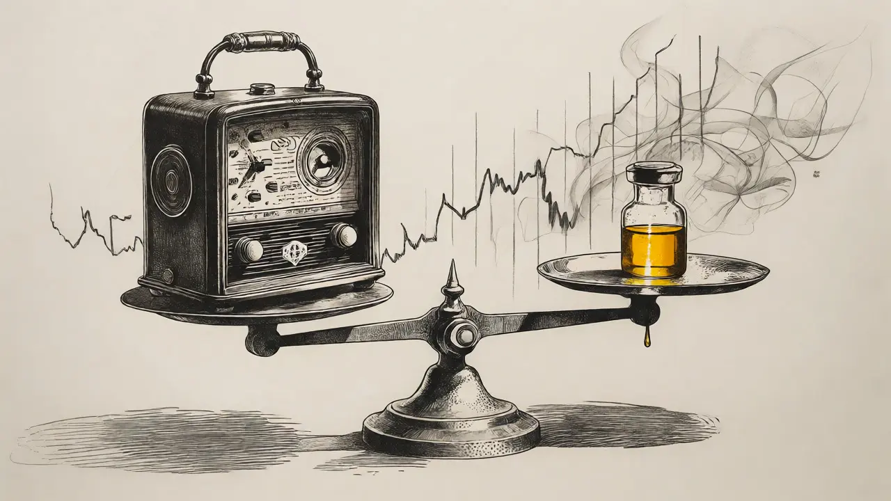 Balance scale weighing an antique radio against a tiny vial of gold.
