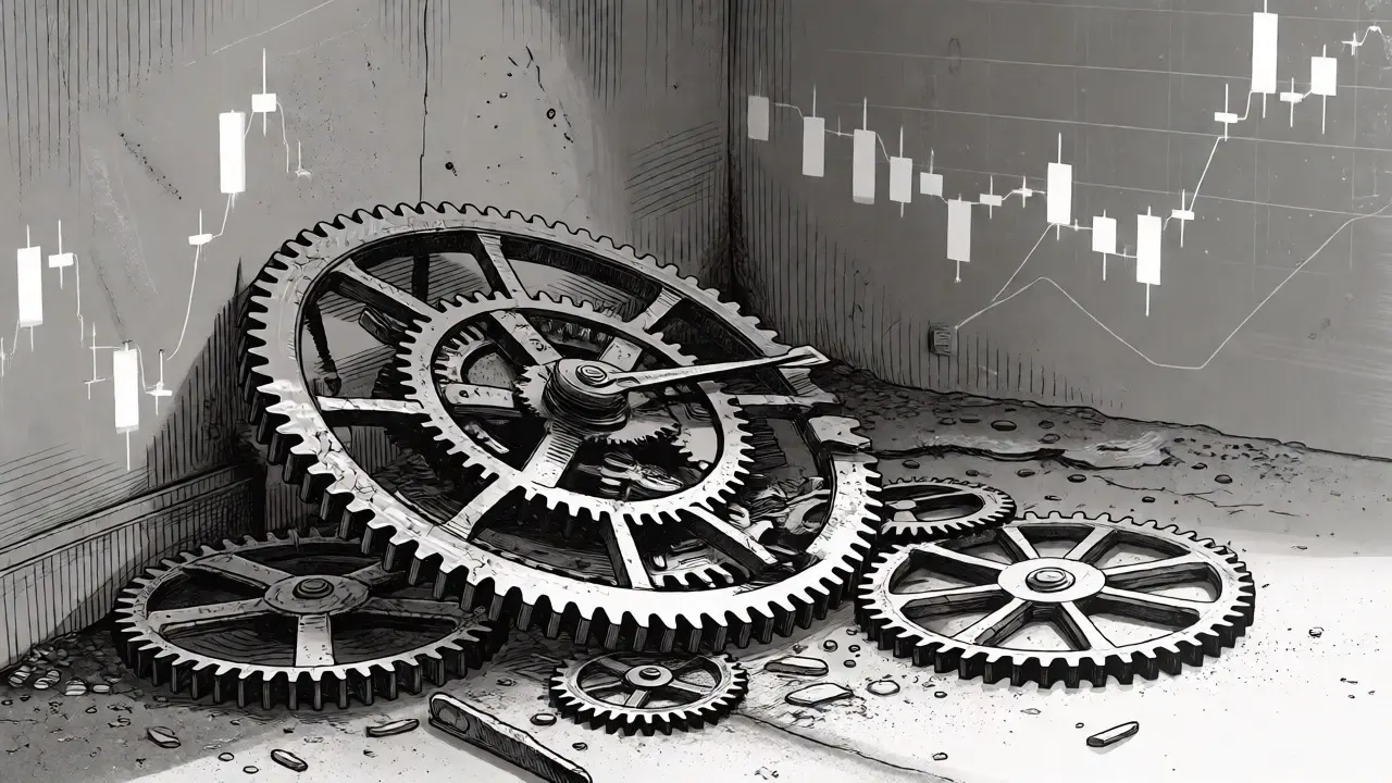 Broken clockwork gears in dusty digital space
