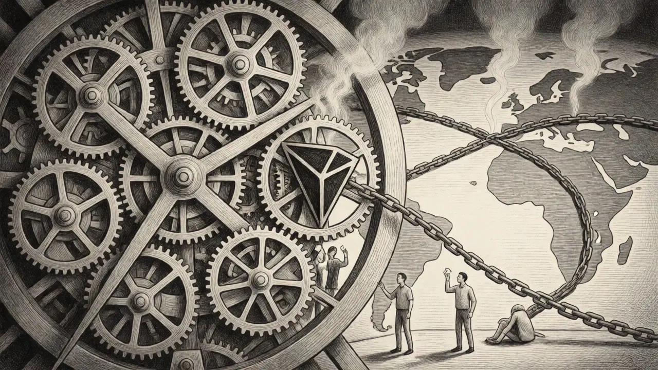 Clockwork gears representing crypto chains jammed by a sanctioned block