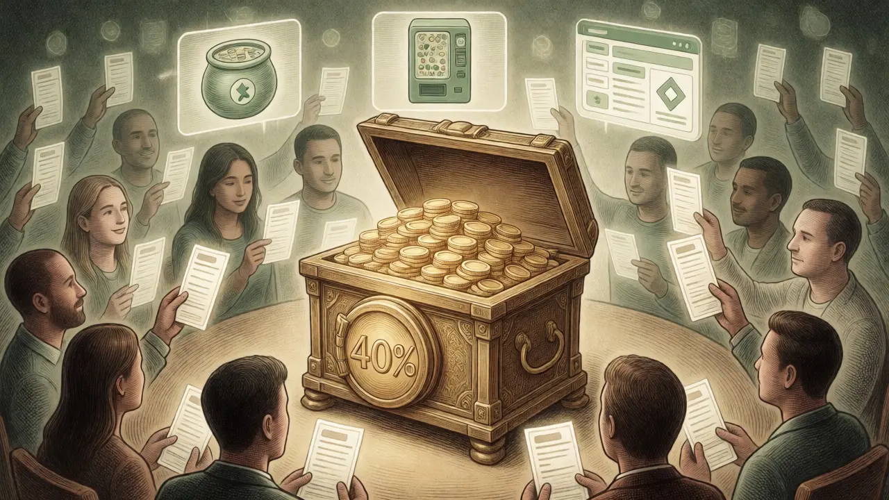 Community members voting around a treasury vault in a DAO governance scene