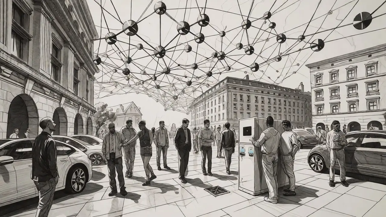Community scene with EVs and a canopy of interconnected energy nodes in etching style.