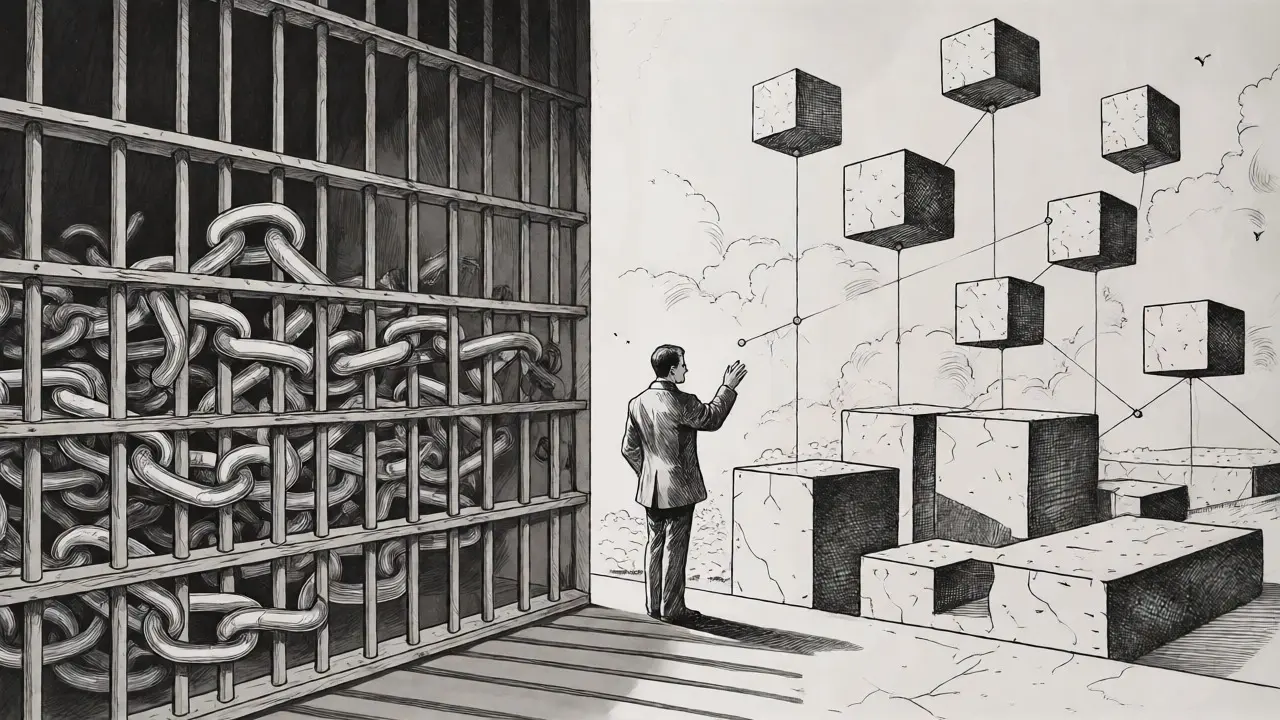 Conceptual art contrasting banned cryptocurrency chains with approved blockchain structures.