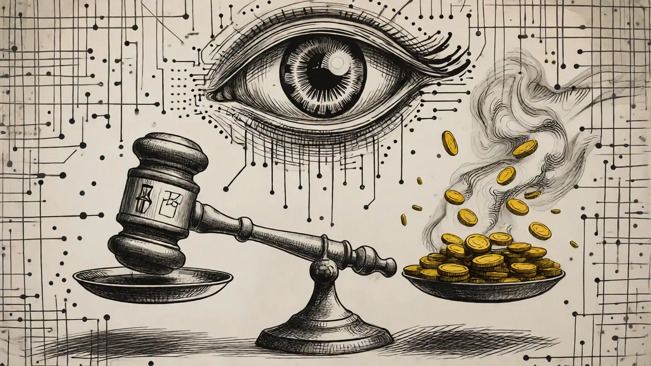 Conceptual etching of scales balancing law gavel and dissolving coins