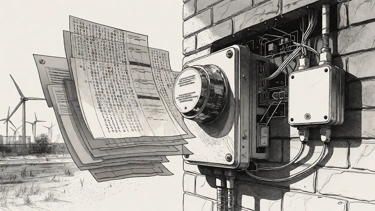Detailed etching of smart meters overlaid with abstract digital contract layers.