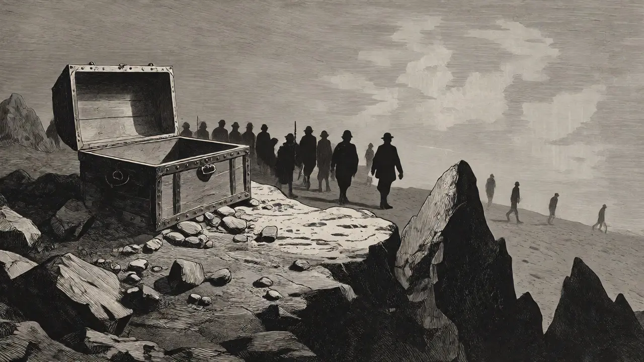 Empty treasure chest with walking silhouettes