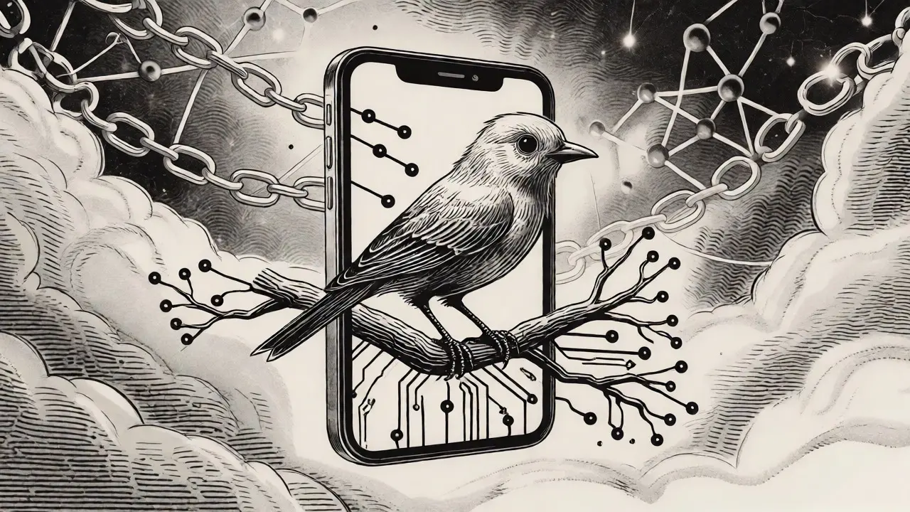 Engraved smartphone displaying a bird on circuit branches amidst node clouds