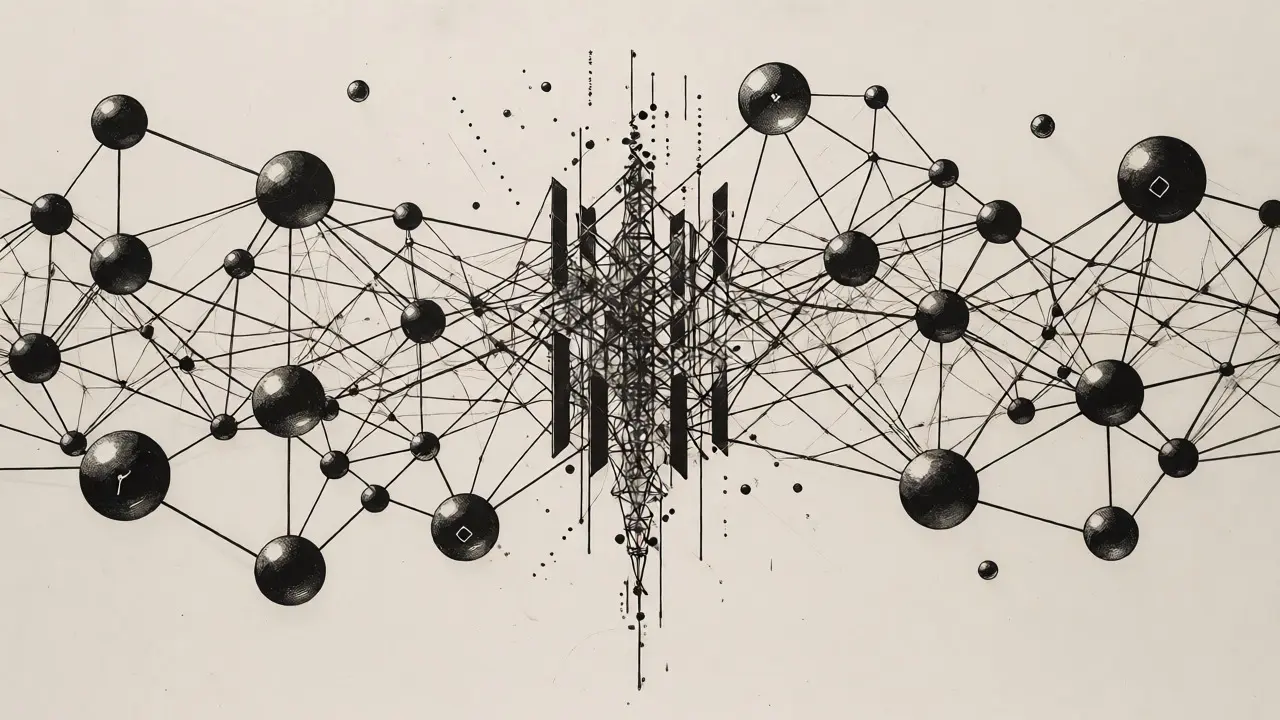 Etched network diagram connecting a central radio tower to blockchain nodes.