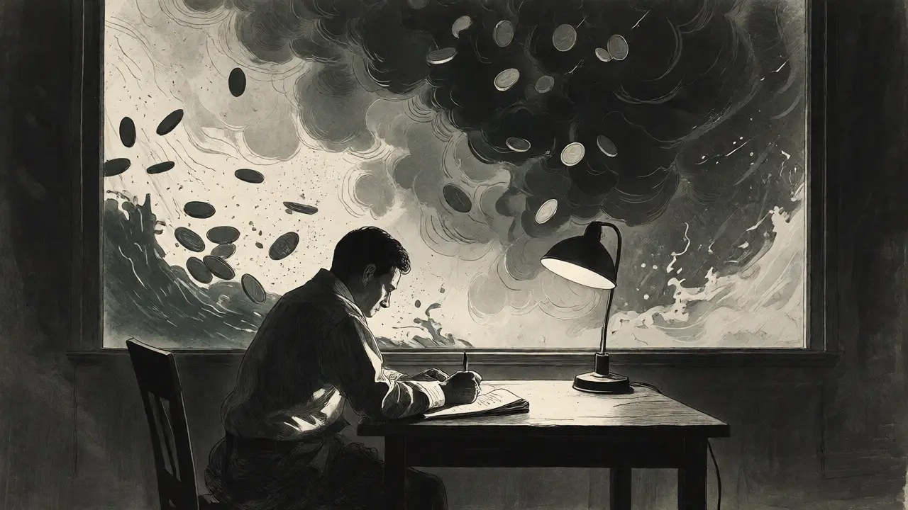 Etching of a calm trader journaling while a storm of market volatility rages outside the window.