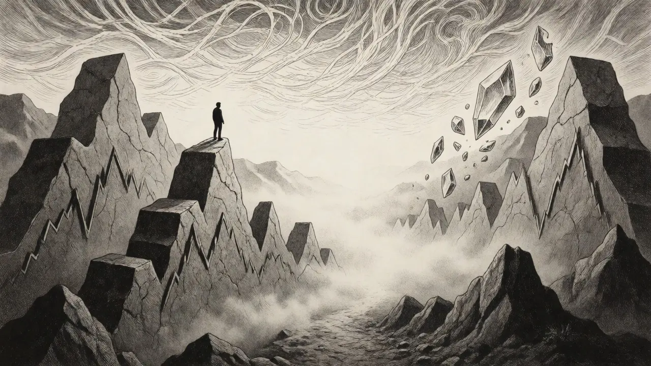 Etching of a figure on a jagged peak overlooking a foggy valley, depicting market volatility.