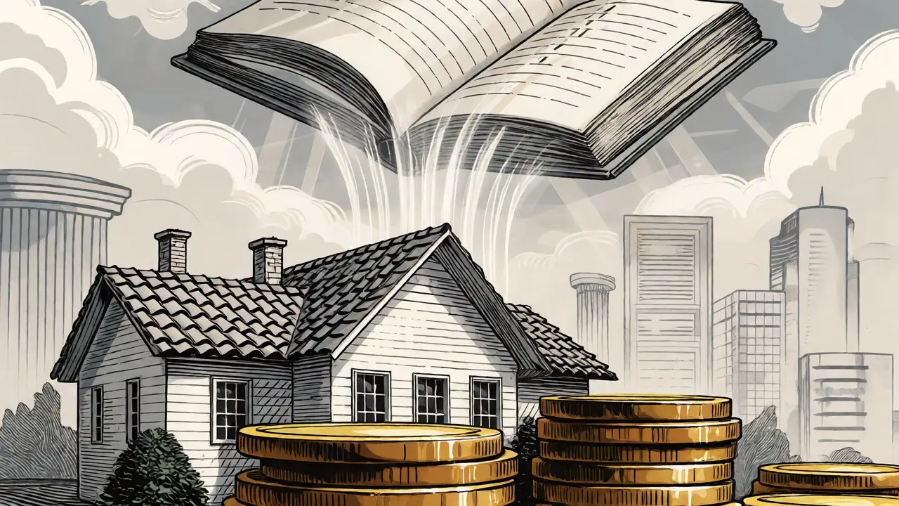 Etching of a house on gold coins feeding into a blockchain ledger