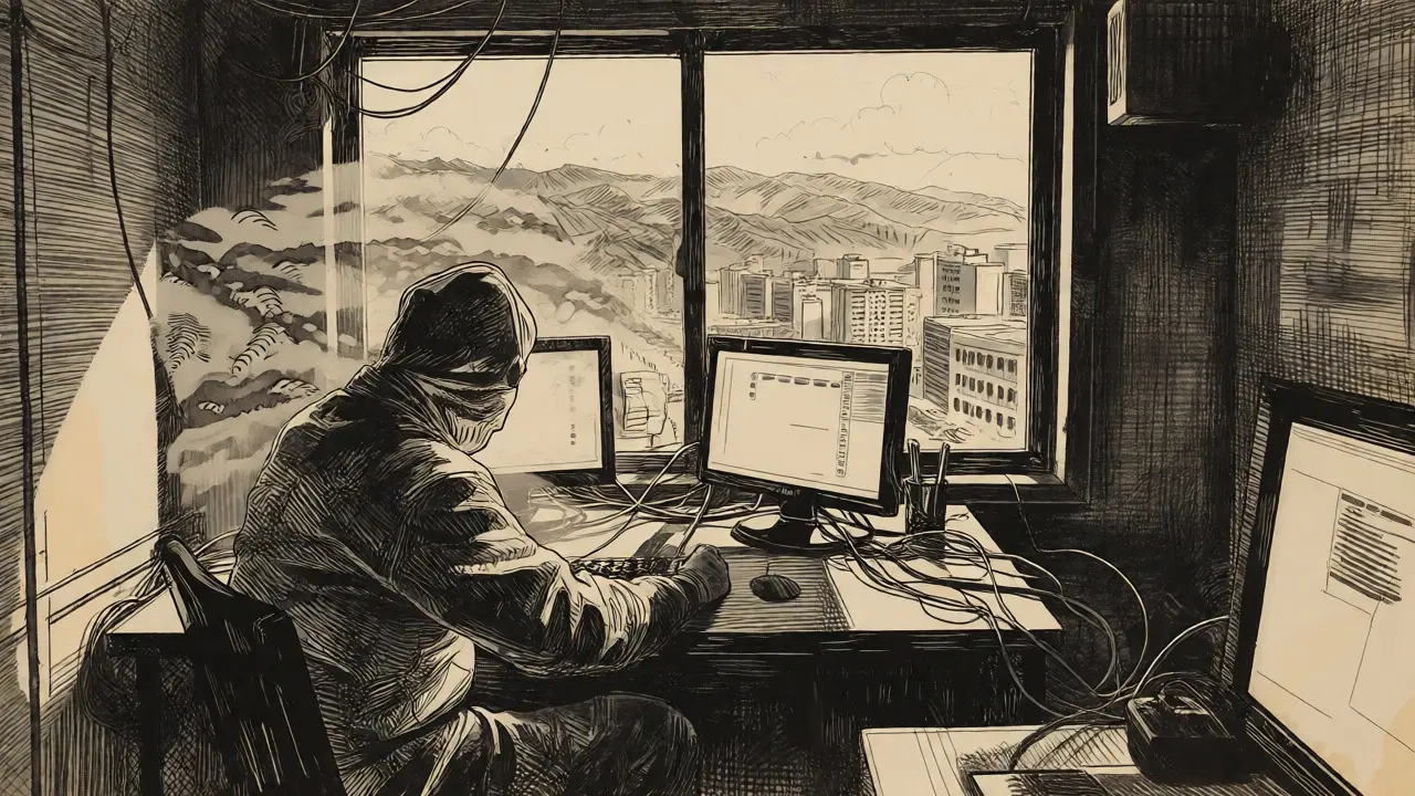 Etching of a masked IT worker in a dark room with a ghostly North Korean landscape overlay.