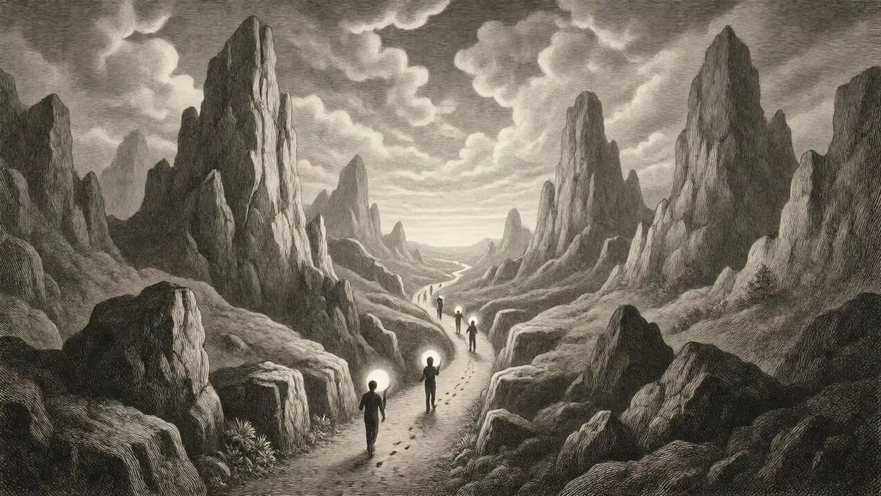 Etching of a narrow path through rocky terrain representing market competition.