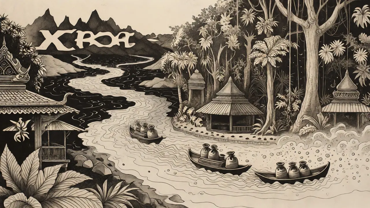 Etching of a river transforming from murky to clear as it passes through a Cambodian jungle.
