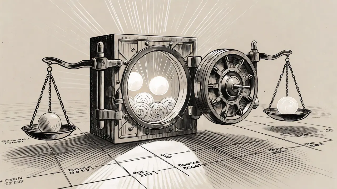 Etching of a vault with glowing orbs and balance scales for veSUN