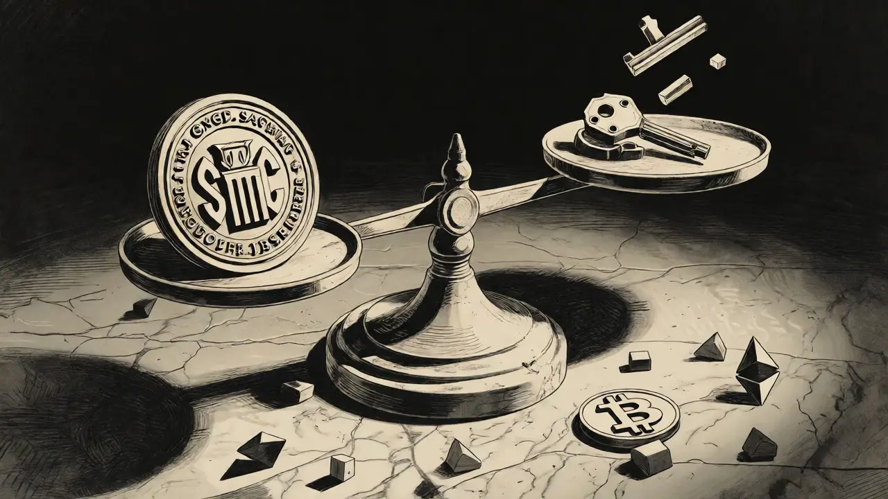 Etching of scales balancing an SEC seal and self-custody keys