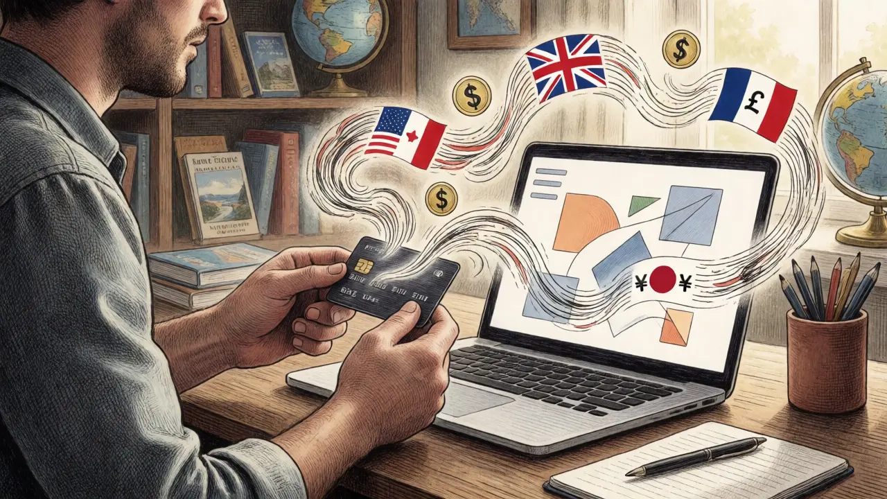 Freelancer holding a card with currency symbols flowing into accounting tools.