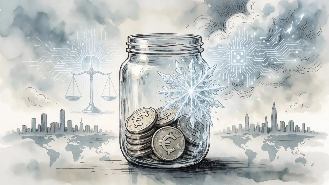 Glass jar of coins partially frozen in ice surrounded by AI and regulatory motifs.