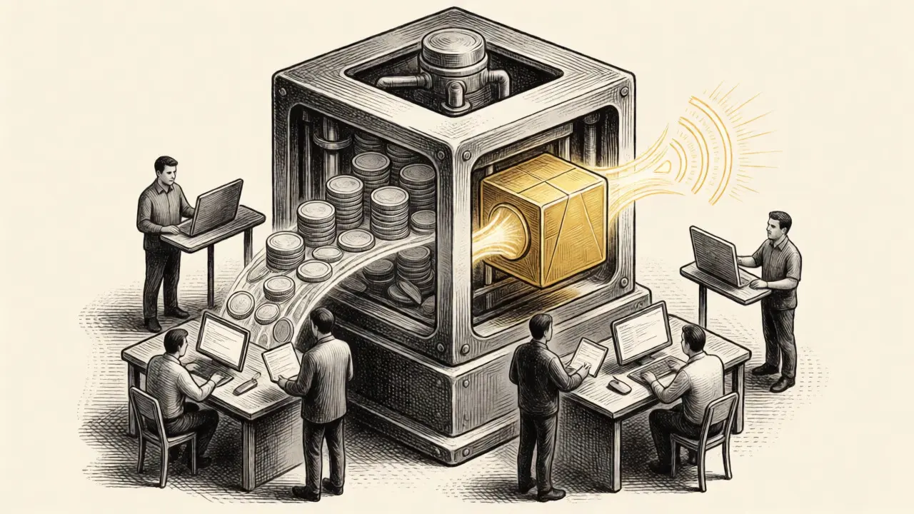 Illustration of a golden cube feeding into a machine that distributes trading signals.
