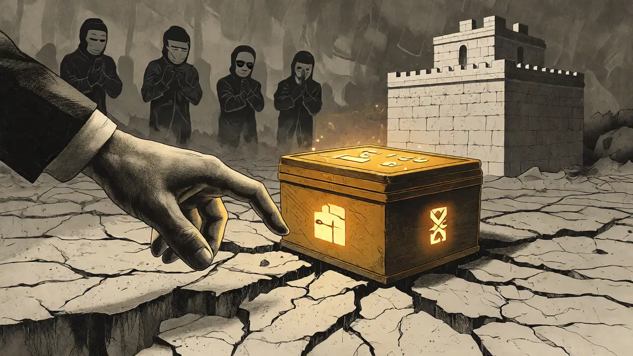 Illustration of a hand reaching for gold amid cracks and masked figures vs solid fortress