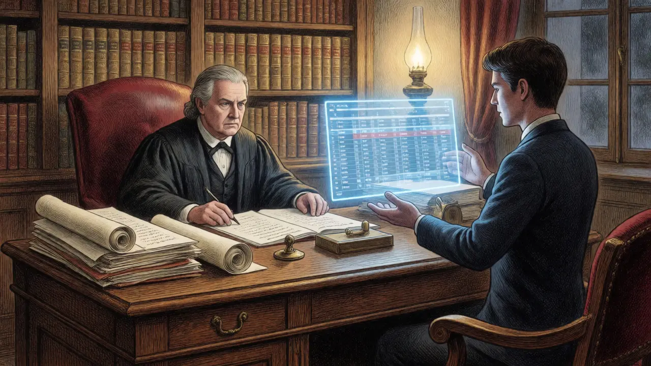 Illustration of a regulator reviewing a blockchain ledger with traditional scrutiny.