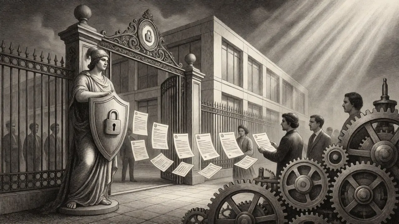 Illustration of CNBV supervising fintech firms at a gated institutional entrance.