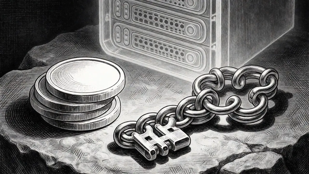 Illustration of coins and ornate keys representing HyPC utility tokens and CHyPC node licenses.