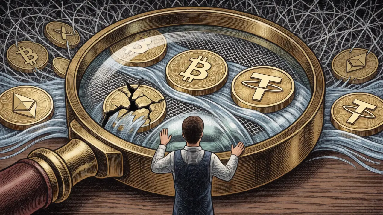 Illustration of crypto coins being screened through a magnifying glass for sanctions