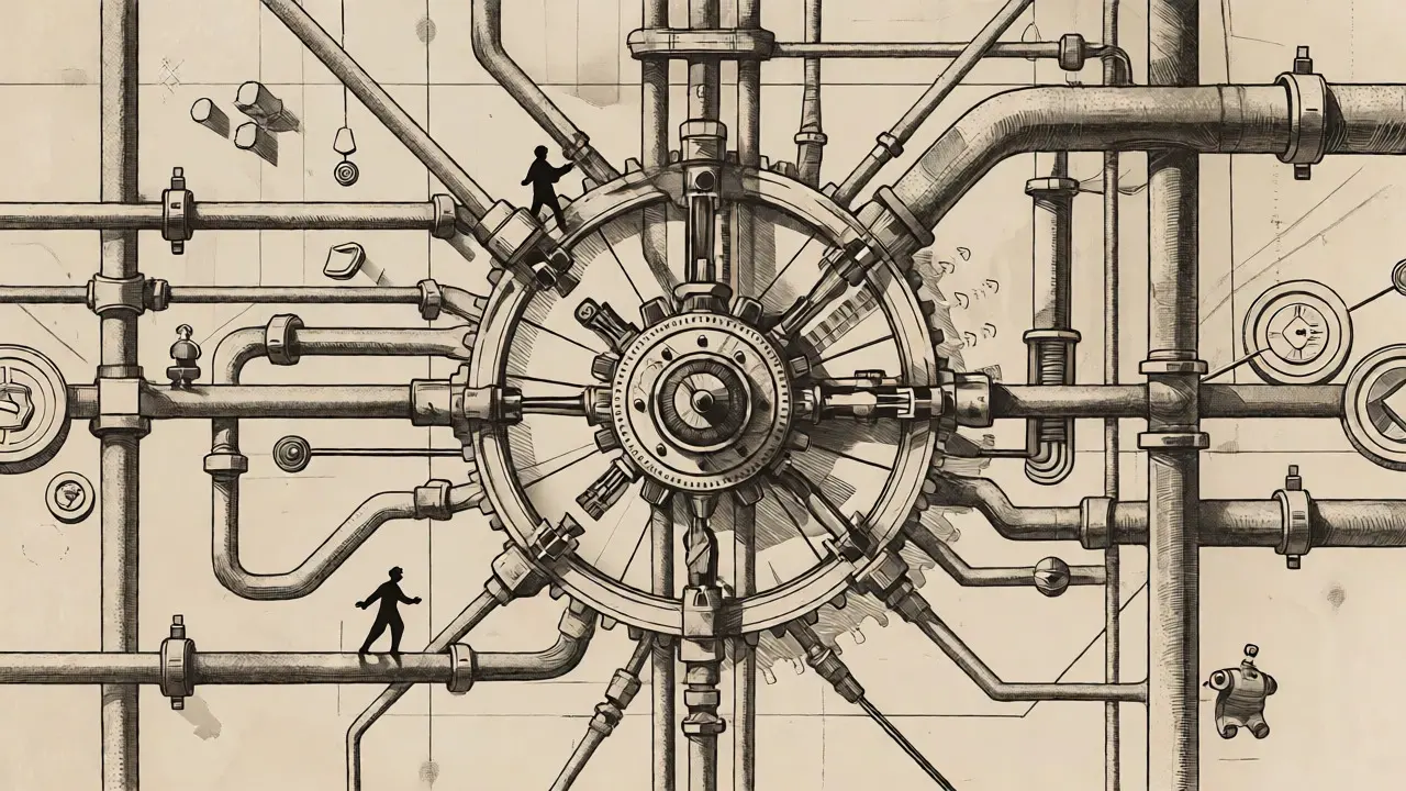 Intricate etching of a DeFi network hub with pipes and abstract figures