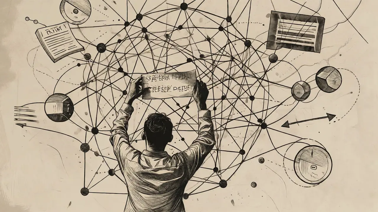 Intricate etching of a user navigating complex crypto compliance hurdles