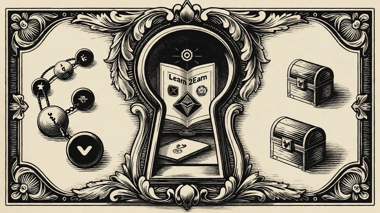 Keyhole view of Learn2Earn mechanics and referral chains in etching style