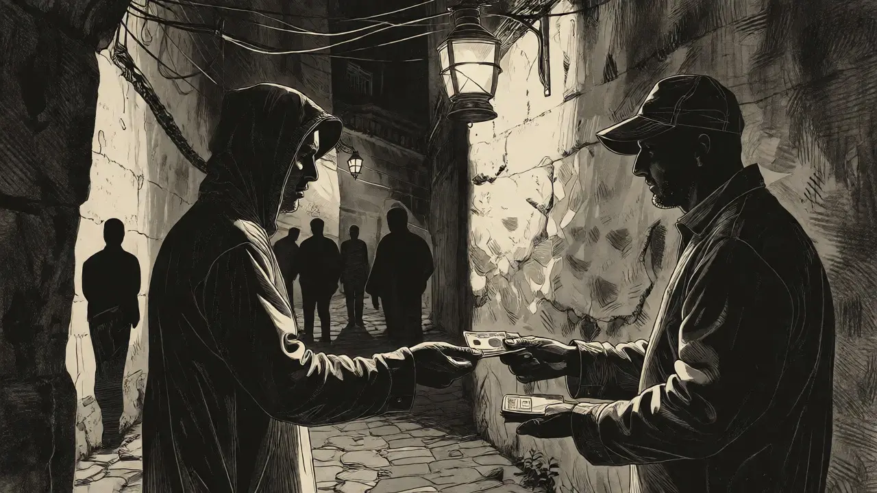 Secret nighttime face-to-face crypto exchange in a dark Tunisian alleyway.