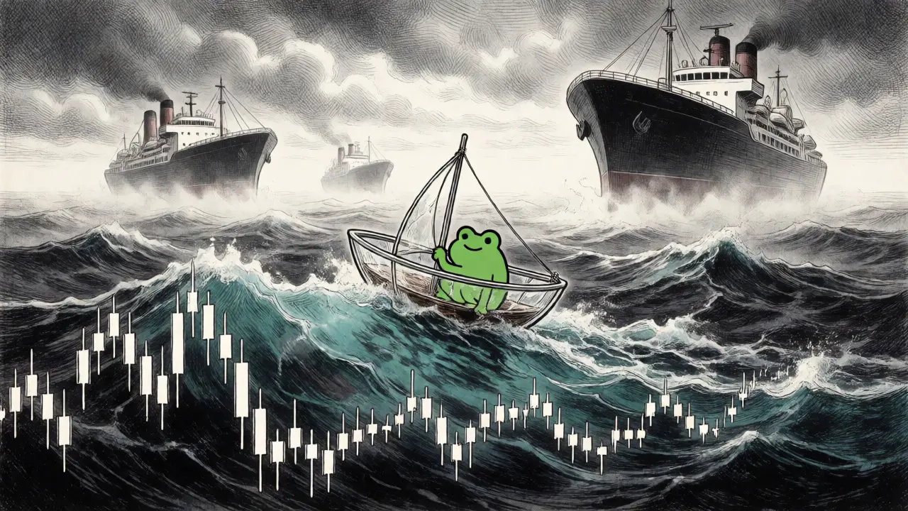 Small boat navigating volatile crypto markets amidst larger competitors