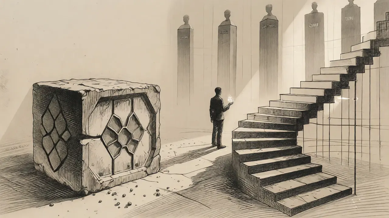 Split composition contrasting a stable stone block with an ascending wireframe spiral