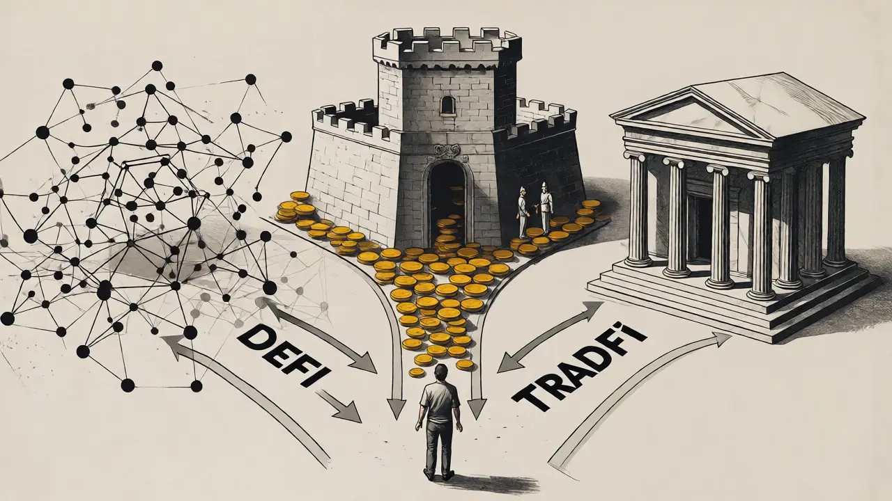 Three paths of crypto borrowing: DeFi, CeFi, and TradFi illustrated