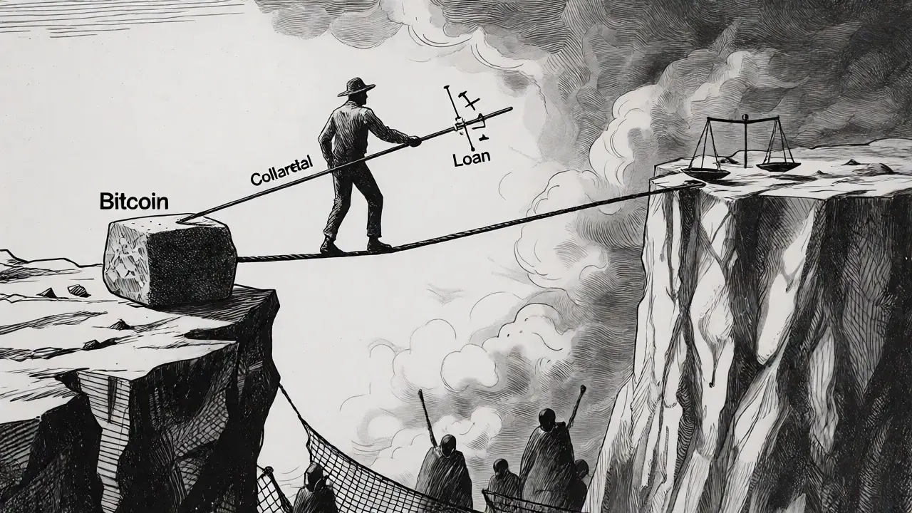 Tightrope walker balancing crypto collateral over a volatile market chasm