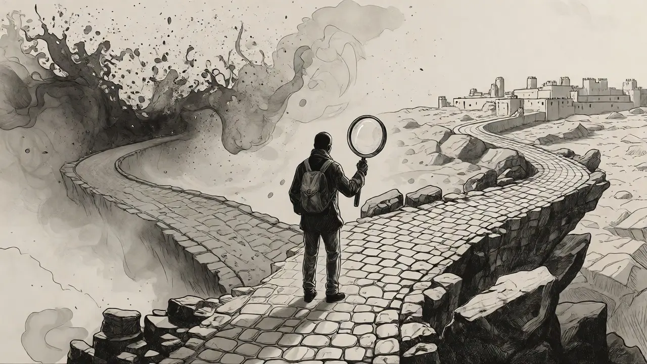 Traveler at a fork comparing foggy uncertain path to structured safe cityscape