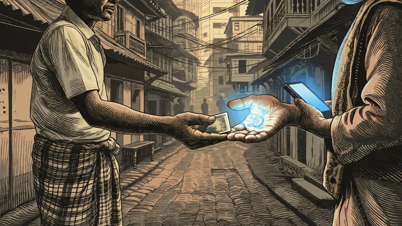 Underground P2P crypto exchange in a shadowed alleyway illustration