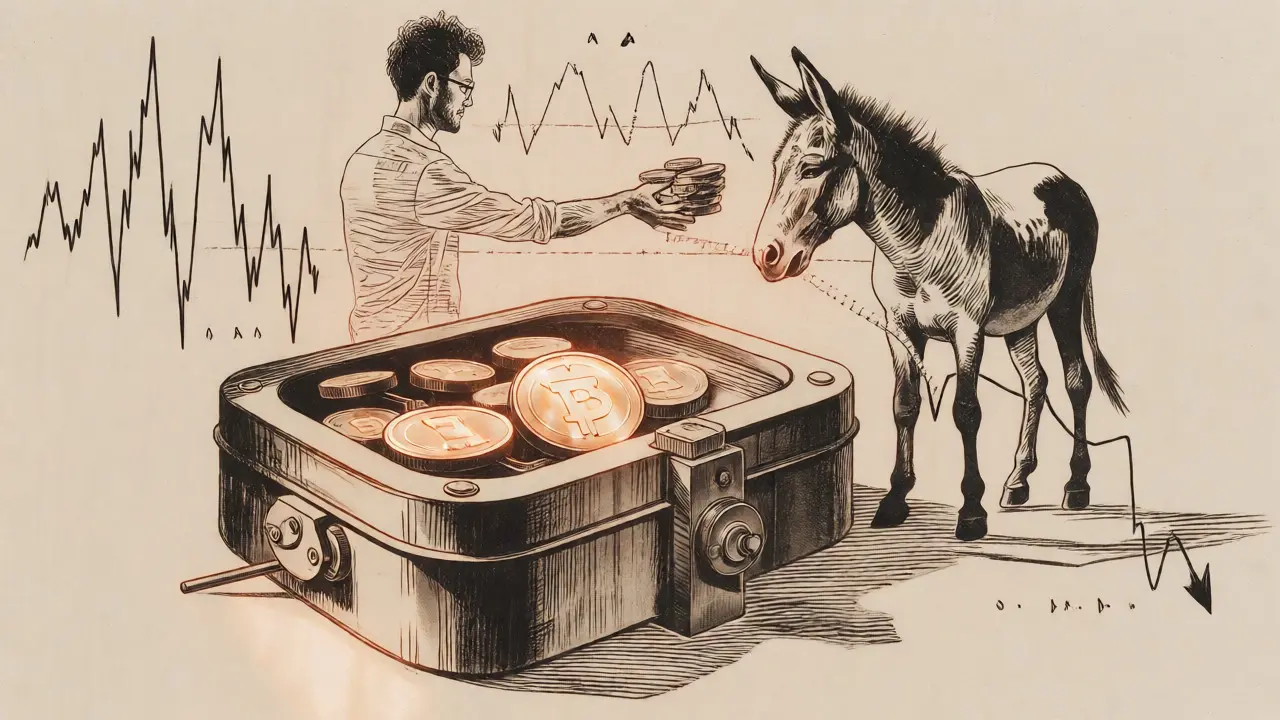 Vault holding tokens with ghostly donkey and volatility waves
