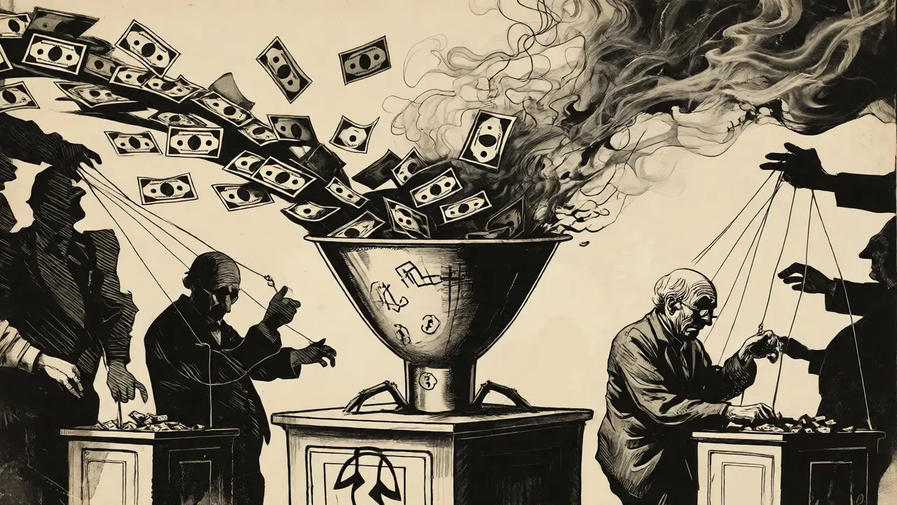 Cash flowing into a funnel and vanishing as smoke, depicting fraud.
