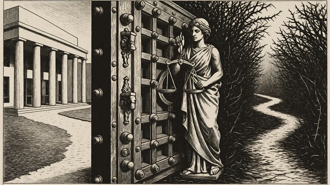Cautionary etching comparing a secure vault and regulated bank against a risky thorny path.