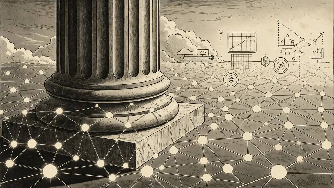 Classical bank column merging with digital blockchain nodes in detailed line art
